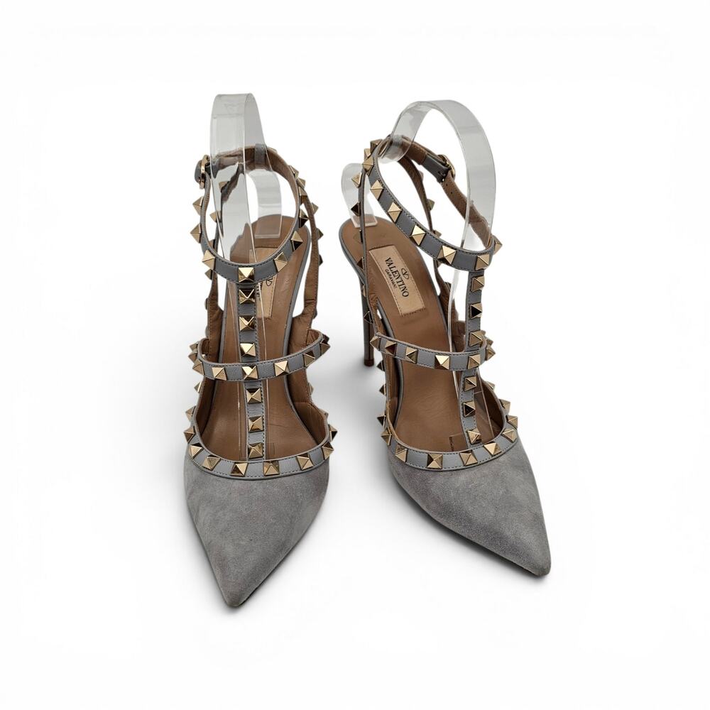 Valentino Garavani Rockstud Cage Heel Pump T Strap Gray Suede Gold Size 38 US 8